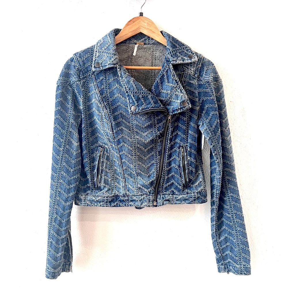Free People Punched Denim Moto Jacket in Chevy Blue Chevron